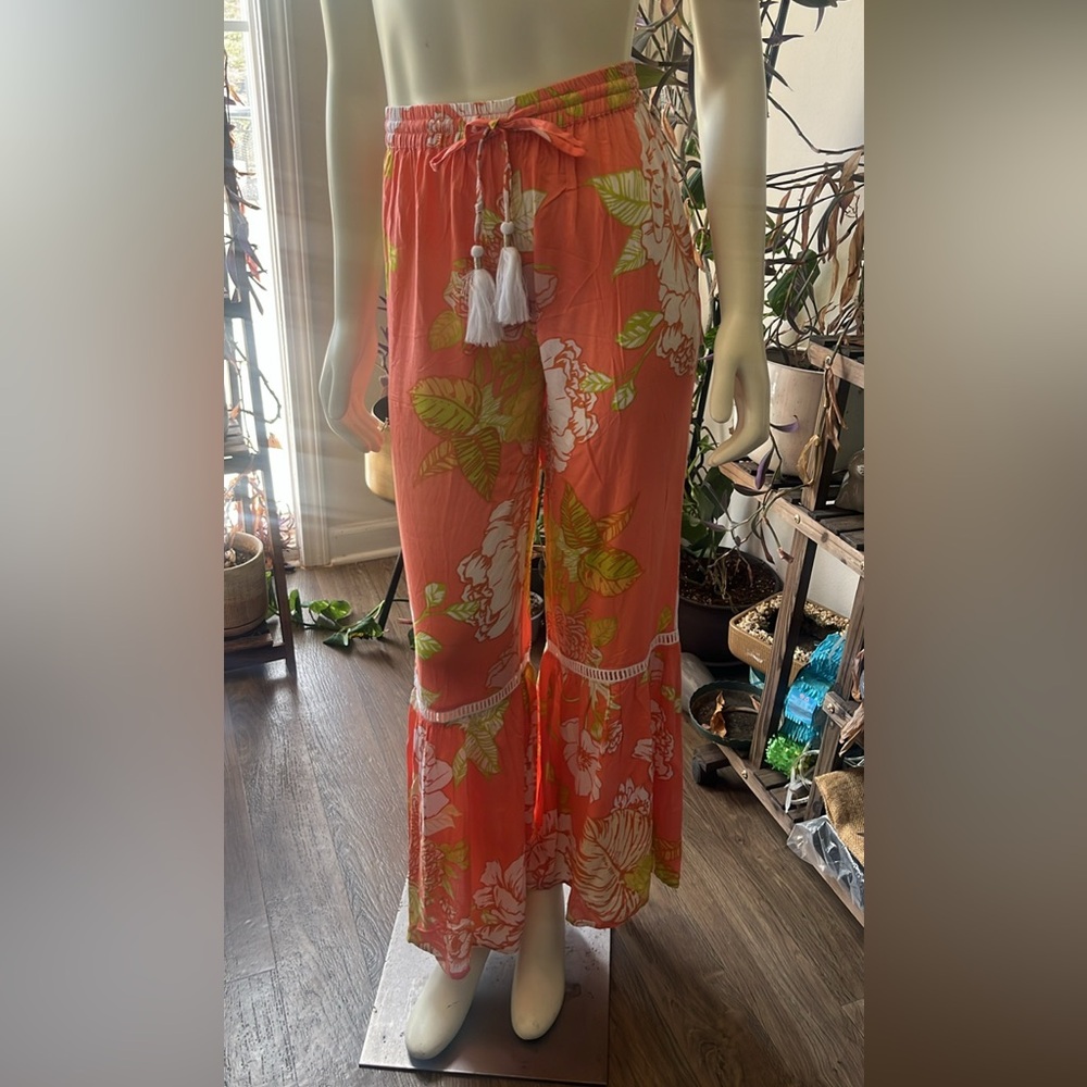 Floral Wide-Leg Pants with Tassels